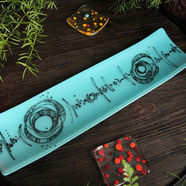 Aqua Rectangle Glass Dish with Bold Hand Drawn Design, Long Serving Tray, Centerpiece Dish, Slumped Fused Glass