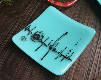 Blue Square Glass Dish used for a Sushi Dish, Dessert Serving Platter, Jewelry Trinket Tray, Appetizer Plate, Key Tray and Best Gift!