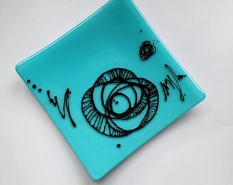 Blue Square Serving Platter used as a Dessert Dish, Jewelry Trinket Tray, Appetizer Glass Plate, or a Sushi Dish!