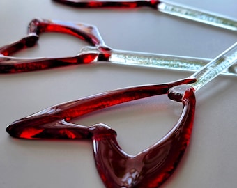 Handmade Red Glass Heart Plant Pick—Colorful Pot Décor Gift! A One-of-a-Kind Red Glass Suncatcher Plant Marker. Great Mother's Day Gift!