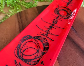Long Red Rectangle Glass Dish with Unique Bold Hand Drawn Design, Limited Edition Long Serving Tray