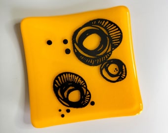 Yellow Square Glass Dish used as a Sushi Dish, Dessert Serving Platter, Jewelry Trinket Tray, Appetizer Glass Plate, Key Tray and Gift!