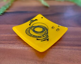 Yellow Square Glass Dish used as a Sushi Dish, Dessert Serving Platter, Jewelry Trinket Tray, Appetizer Glass Plate, Key Tray and Gift!