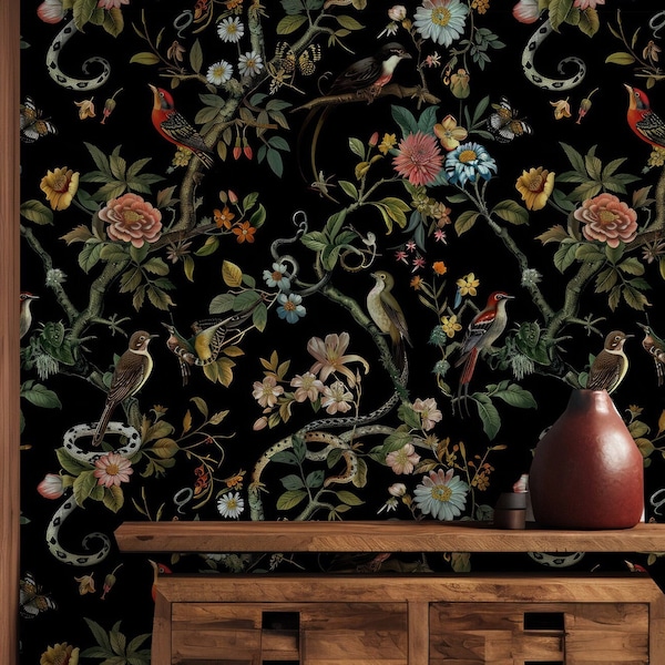 Botanical Wallpaper Secret Garden at Night, Snake and Birds, Botanic Plants Wall Mural