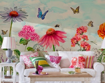 Kids Room Wildfloral Wallpaper | Colorful Garden Flowers Wall Mural | Peel and Stick Summer Floral Wallpaper