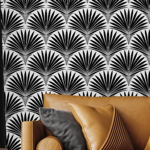Abstract Geometric Tropical Palm Leaves in Black and White Color Peel and Stick Wallpaper Removable Wallpaper Wall Decor Home Decor