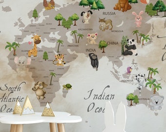 Kids Map Wallpaper Peel and Stick Detailed Educational Continent World Map Wall Mural