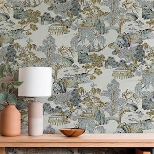 Art Deco Japanese Landscape Wallpaper, Traditional Oriental Houses and Mountains, Serene Trees Wall Mural, Zen Wall Art Home Decor