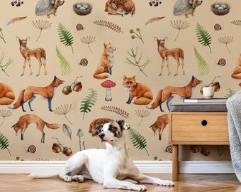 Woodland Animals Peel and Stick Wallpaper Forest Animals Nursery Watercolor Wallpaper