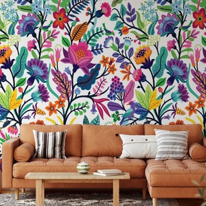 Colorful flowers and tropic leaves wallpaper, Adhesive Wallpaper, Wall mural, Removable, temporary wallpaper Peel & Stick