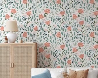 Removable Floral Wallpaper, hand drawn wild flowers removable wallpaper and Stick Wallpaper