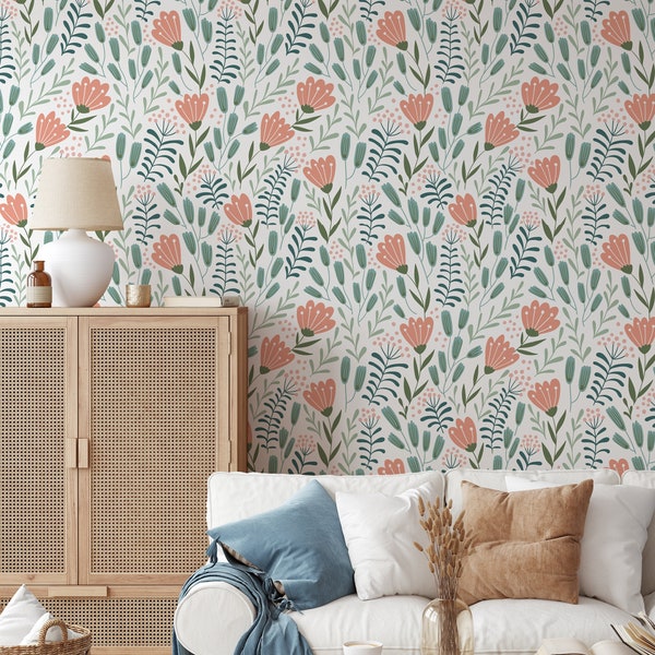 Removable Floral Wallpaper, hand drawn wild flowers removable wallpaper and Stick Wallpaper