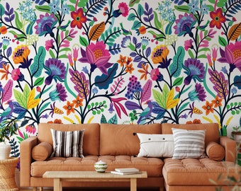 Colorful flowers and tropic leaves wallpaper, Adhesive Wallpaper, Wall mural, Removable, temporary wallpaper Peel & Stick