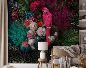 Tropical Garden Paradise: 3D Peel & Stick Wallpaper with Vibrant Flora and Exotic Parrot - Easy to Remove