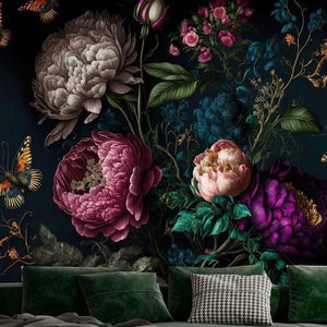 蝶と熱帯の花が描かれたヴィンテージ植物壁紙。取り外し可能な粘着式ダークフローラル壁画
