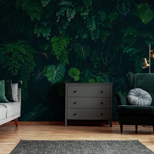 Tropical Monstera Leaves Wallpaper, Dark Forest Peel and Stick wallpaper, green tropical leaves, Peel and Stick, temporary wallpaper