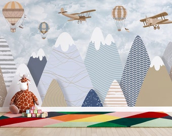 Kids Mountain Hot Air Balloon and Plane Peel and Stick Wallpaper | Kids Wallpaper peel and stick | Kids Wall Mural | Peel and Stick