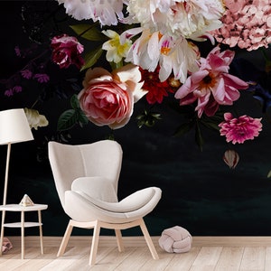 Dark Floral Wallpaper Peel and Stick l Big Watercolor Peony Flowers Wall mural l Temporary Wallpaper