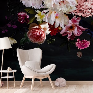 Dark Floral Wallpaper Peel and Stick l Big Watercolor Peony Flowers Wall mural l Temporary Wallpaper