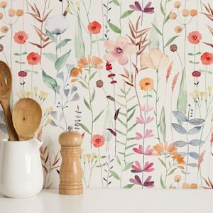 Watercolor Wild Flower Wallpaper l Soft Botanical Floral Wall Mural | Little Floral with Grass Wallpaper | Field Flowers Wall Mural