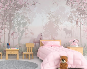 Papier peint licornes pour chambre d'enfant, forêt de fées, papier peint pour chambre de princesse