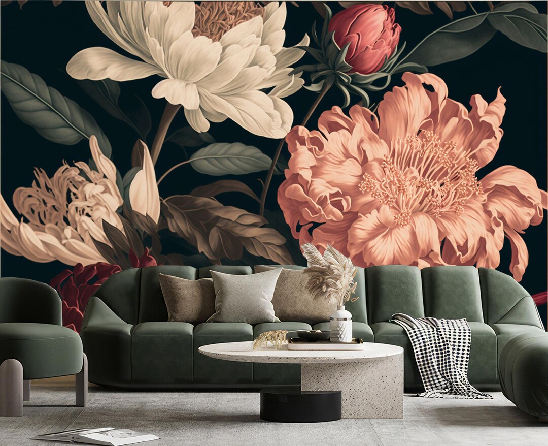 Buy Dark Peel and Stick Floral Wallpaper, Vintage Wall Mural, Self