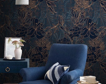 Dark Removable floral wallpaper, flower Wallpaper. Self-Adhesive Wallpaper Peel & Stick, Wall mural temporary wallpaper