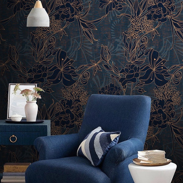 Dark Removable floral wallpaper, flower Wallpaper. Self-Adhesive Wallpaper Peel & Stick, Wall mural temporary wallpaper