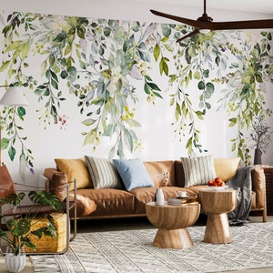 Floral Wallpaper Peel and Stick | Watercolor floral arrangements with leaves and  herbs