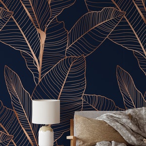 Navy dunkelblau Banane Palmenblätter Wallpaper Tapete Schälen und Stick Exotischer tropischer Dschungelwald Nichtmetallisches Wandbild