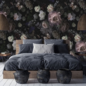 Dark peony mural wallpaper, floral, flowers  Self Adhesive Wallpaper, Wall mural, Removable Wallpaper, temporary wallpaper Peel & Stick