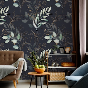 Dunkle florale Tapete zum Abziehen und Aufkleben, Tapete mit Blättern, Wandbild mit grünen Blättern, Stimmungsvolle Tapete