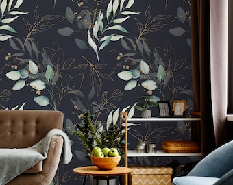 Dark botanical Peel and Stick Wallpaper, Modern Wallpaper, Green Leaves Wall Mural, Moody Wallpaper