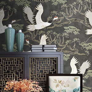 Crane Birds Wallpaper, Pee and Stick, Heron Wallpaper Peel and Stick Wallpaper Removable Wallpaper, Chinese Birds Wall Mural