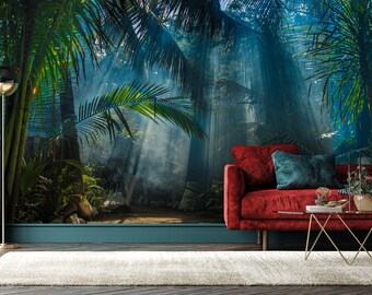Tropical Wallpaper, Forest Wallpaper, Green Tropical Leaves, Peel and Stick, Removable Wallpaper