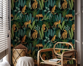 Vintage Botanical Wallpaper Peel and Stick Dark Tropical Plants with Leopard Wall Mural