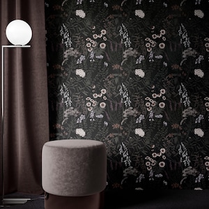 Moody Botanical Wallpaper | Dark Floral Peel and Stick Mural | Vintage Wildflower Wall Decor | Cottagecore Bedroom Bathroom