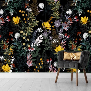 Dark floral wallpaper renters wallpaper, Wall mural, Removable Wallpaper, temporary wallpaper Fabric Wallpaper, Peel & Stick