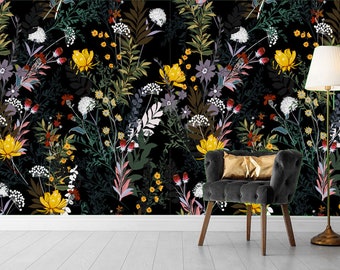 Dark floral wallpaper renters wallpaper, Wall mural, Removable Wallpaper, temporary wallpaper Fabric Wallpaper, Peel & Stick