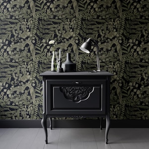 Moody Botanical Dark Green Wallpaper | Foliage Bathroom Bedroom Removable, Peel and Stick | Maximalist Forest Fern Leaf Wallpaper