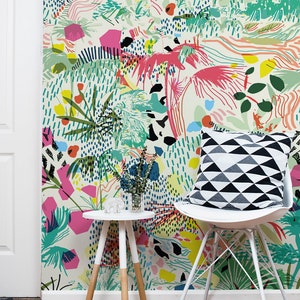 Colorful flowers and tropic leaves wallpaper, Adhesive Wallpaper, Removable, temporary wallpaper Peel & Stick