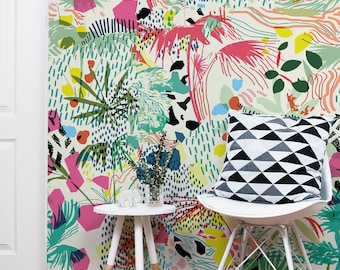 Colorful flowers and tropic leaves wallpaper, Adhesive Wallpaper, Removable, temporary wallpaper Peel & Stick