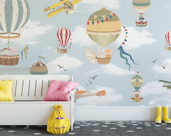Nursery Hot Air Balloon | Kids Wallpaper  |  Kids Wall Mural | Peel and Stick | Nursery Wallpaper