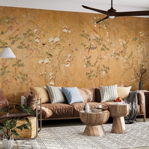 Chinoiserie-Tapete, Blumentapete, Boho-Blumenwandbild, schälen und aufkleben,
