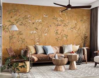 Chinoiserie Wallpaper, Floral Wallpaper, Boho Floral Wall Mural, Peel and Stick,