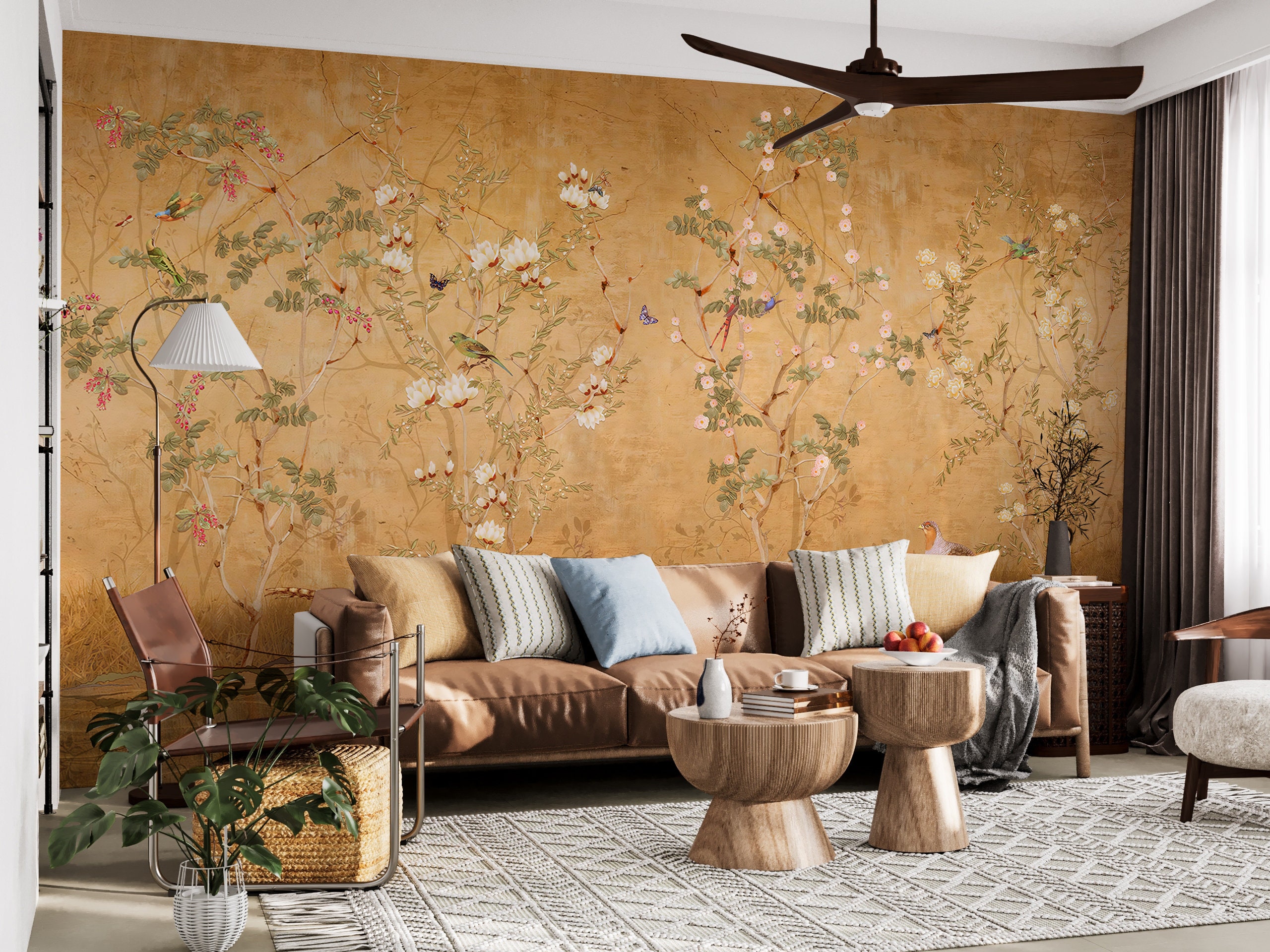 NAUZHA Silver Leaf Chinoiserie Wallpaper, Vintage Metallic Mural