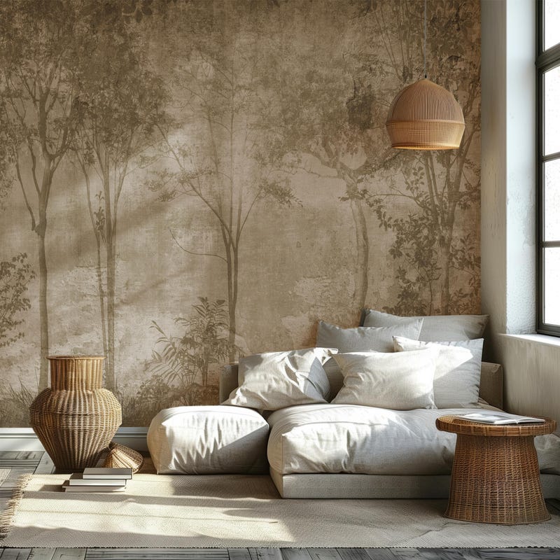 Vintage Landscape Wallpaper, Tree Landscape Watercolor Scenic wallpaper, Rural wallpaper, Peel and Stick, Self-Adhesive Wallpaper Removable