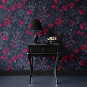 Black Romantic Rose Wallpaper | Moody Removable Peel and Stick Floral Mural | Dark Red Vintage Victorian Botanical for Bedroom Living Room