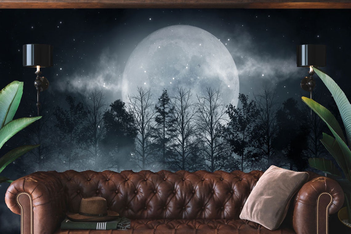 Peel and stick moon wallpaper dark forest with moonlight | Etsy