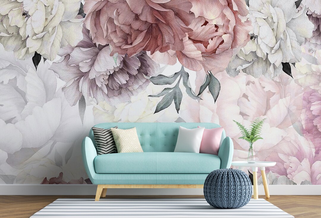 Floral Peony Wallpaper Peel and Stick Watercolor Soft Floral Wall Mural ...